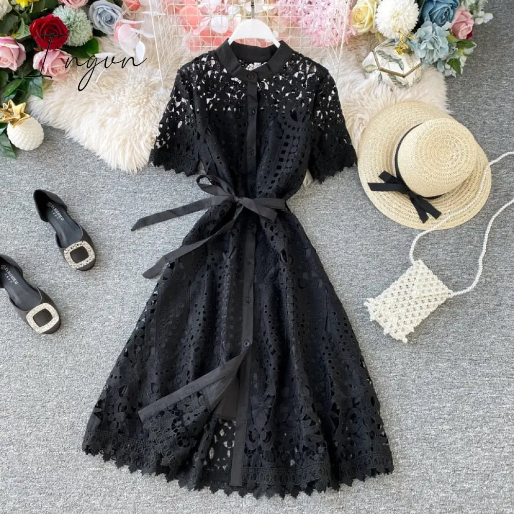 Ingvn - Women Elegant Hollow Out Lace Dress Office Lady Summer Solid O-Neck Button up Sashes Midi Dress Female Chic Short Sleeve Dress