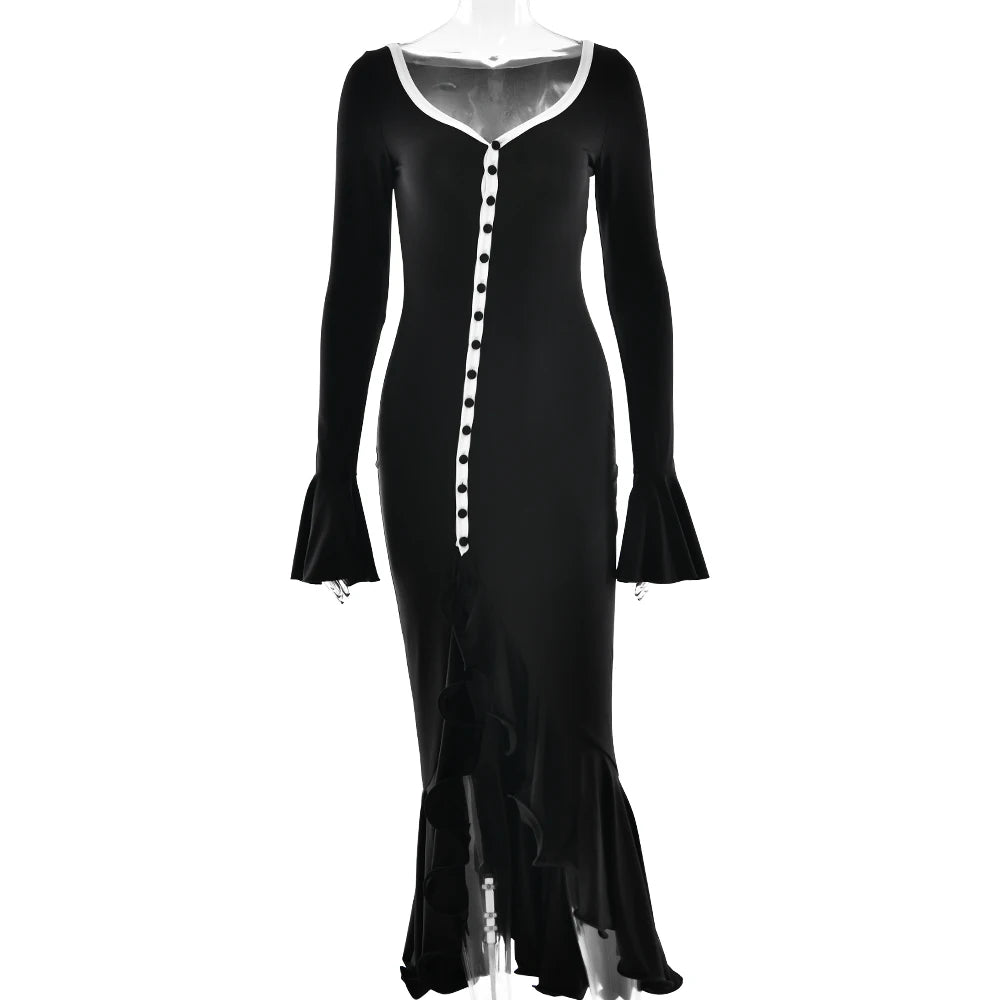 Women's A-Line Bodycon Maxi Dress Ruffles Hem V-Neck Asymmetrical Buttons Long Sleeve Long Dress Party Streetwear Vestido