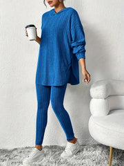 Sleek Duo, Elegant Solid Color Ribbed Hoodie & Leggings Set for Women - Long Sleeve, Polyester Blend, Machine Washable - Perfect for Spring/Fall