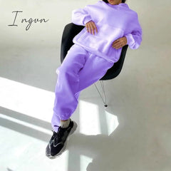 Ingvn - Women Elegant Solid Sets For Women Warm Hoodie Sweatshirts And Long Pant Fashion Two Piece Sets Ladies Lace Up Sweatshirt Suits