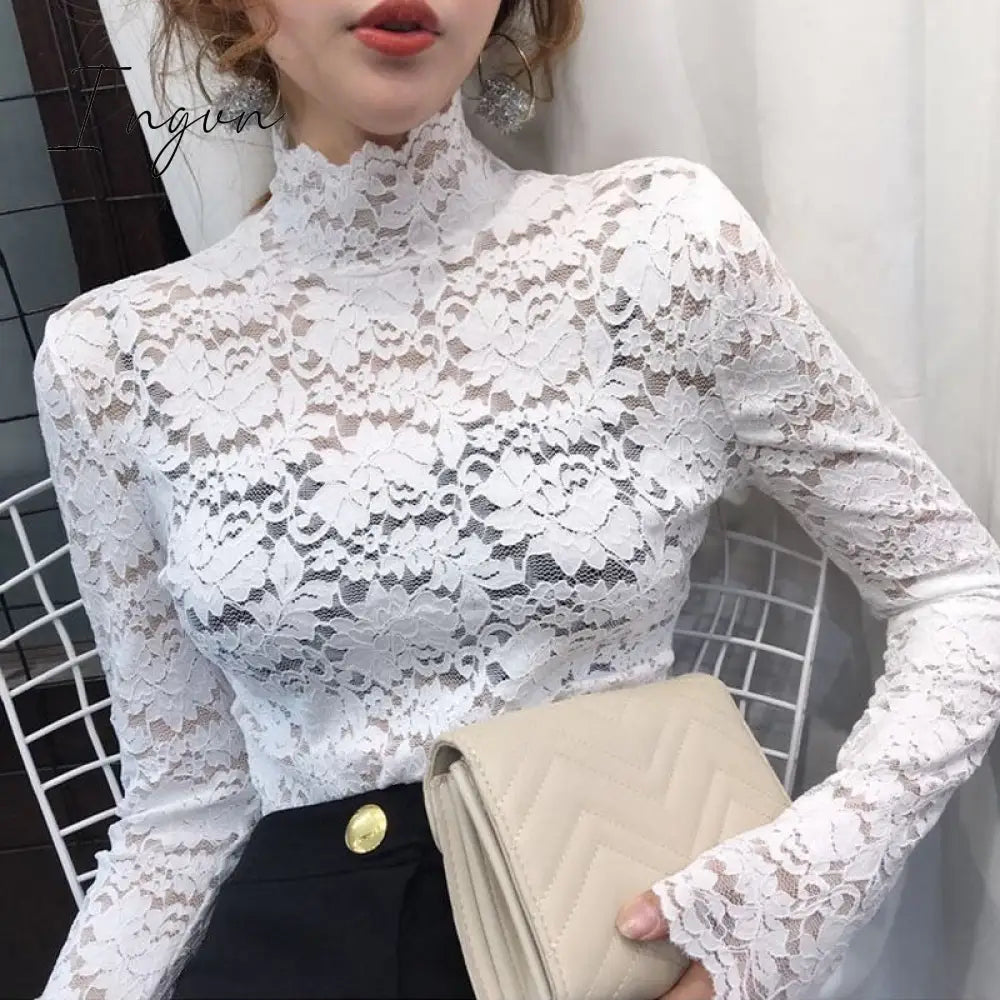 Ingvn - gifts for women Plus Size Women Lace Blouses Shirts Sexy Hollow Out Long Sleeve Solid Blouse Lady Elegant Floral Embroidery Elastic Shirt Tops