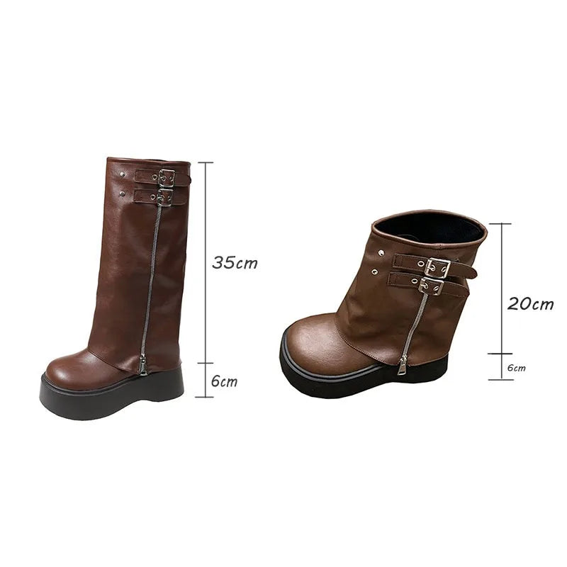 New Autumn Versatile Women's Platform Flat Heel Women's Long Boots Fashion Zipper Rider Botas Casual Goth Knee-high Boots