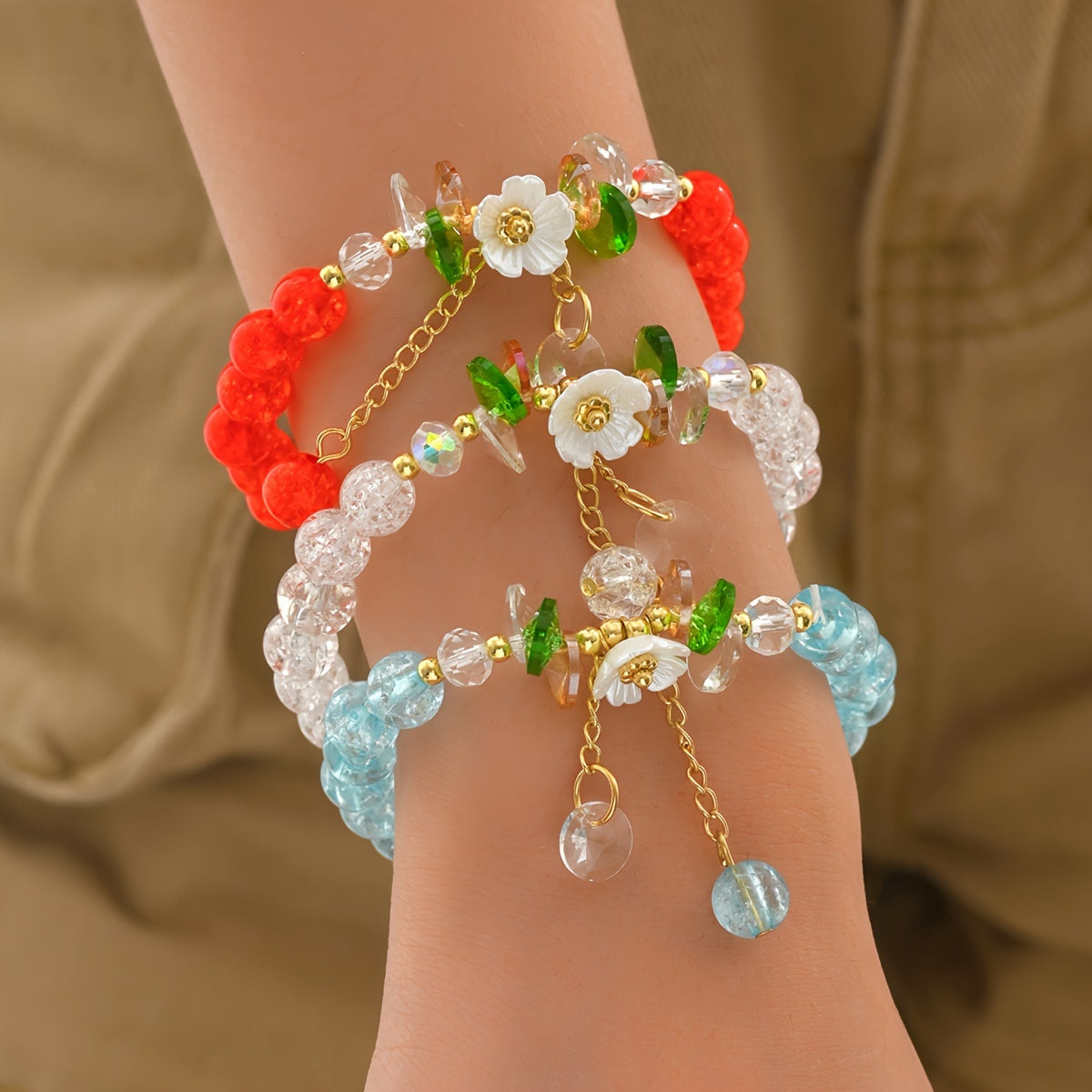 3pc Colorful Faux Crystal Beads Beaded Bracelet Elastic Stretch Versatile Hand String Jewelry Set