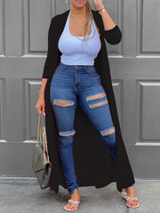 1pc Women's Plus Size Long Cardigan - Casual Style, Solid Color, Polyester Knit, Open Front, Long Sleeve, Pullover, Non-Waterproof, for Spring/Autumn