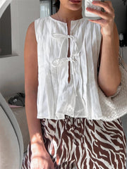White Bandage Ribbed Tank Top Shirts For Women Hollow Out Sleeveless Slim Summer Fashion Vest Women's Lace-Up Vest Y2k Top