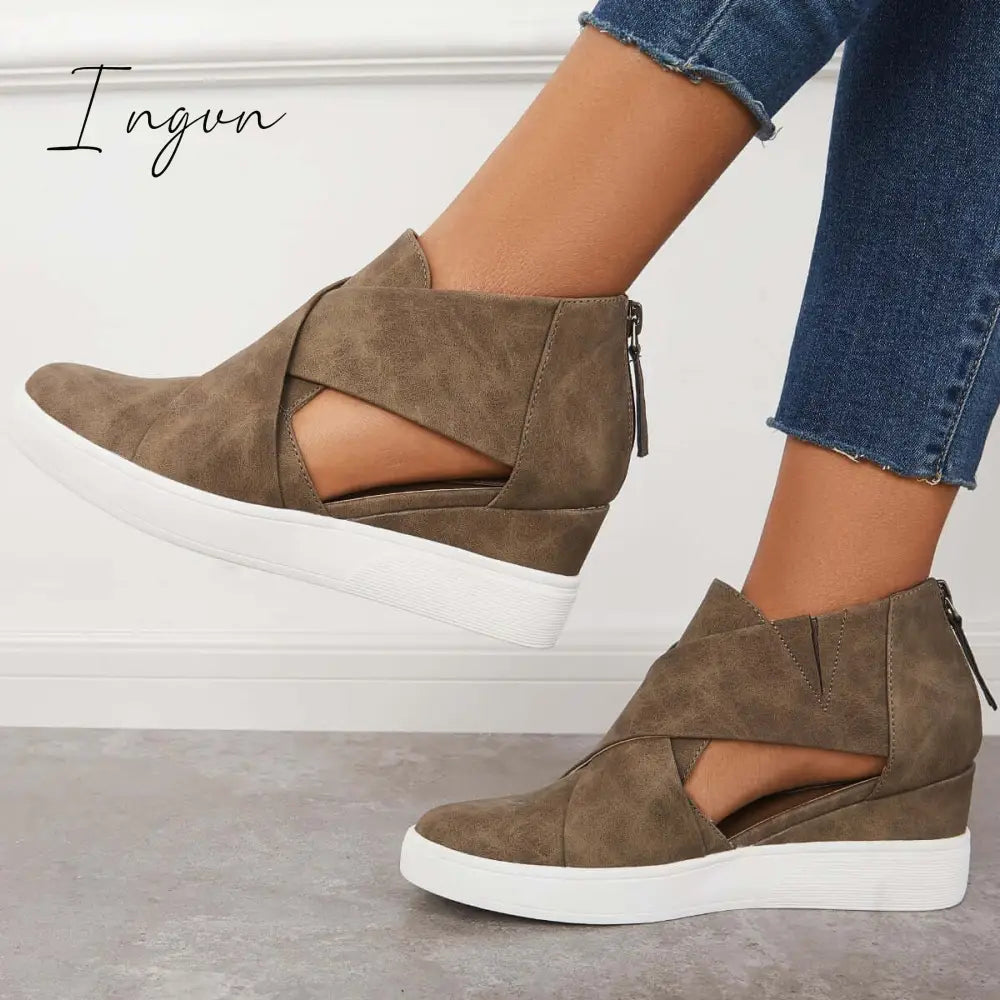 Ingvn - Casual Wedge Sneakers Platform Crisscross Cut Out Shoes