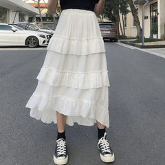 Ingvn - Midi Long Skirts Womens Maxi Skirt Goth Lolita Summer High Waisted Asymmetrical High Low Ruched Ruffle Skirts rok