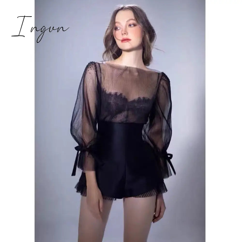 Ingvn - Black French Retro Top Women Summer Women Long Sleeve Mesh Shirt Sexy Slimming Blusas De Mujer Lace Sling Shorts Elegant Set