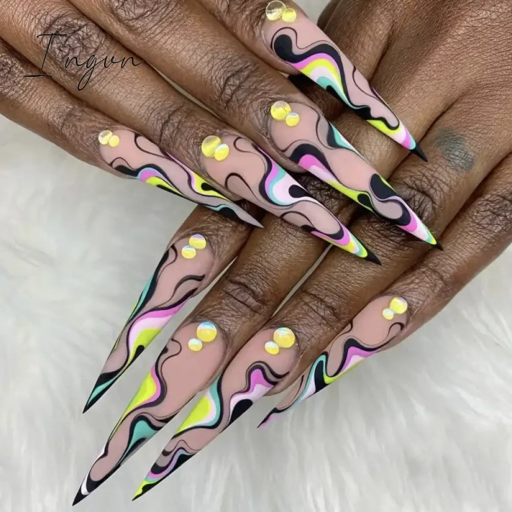 24Pcs 3D Long Almond False Nails Red Nude Ballet Stiletto Wearable Fake Nails MilkTea Color Jelly Full Cover Press On Nail Tips