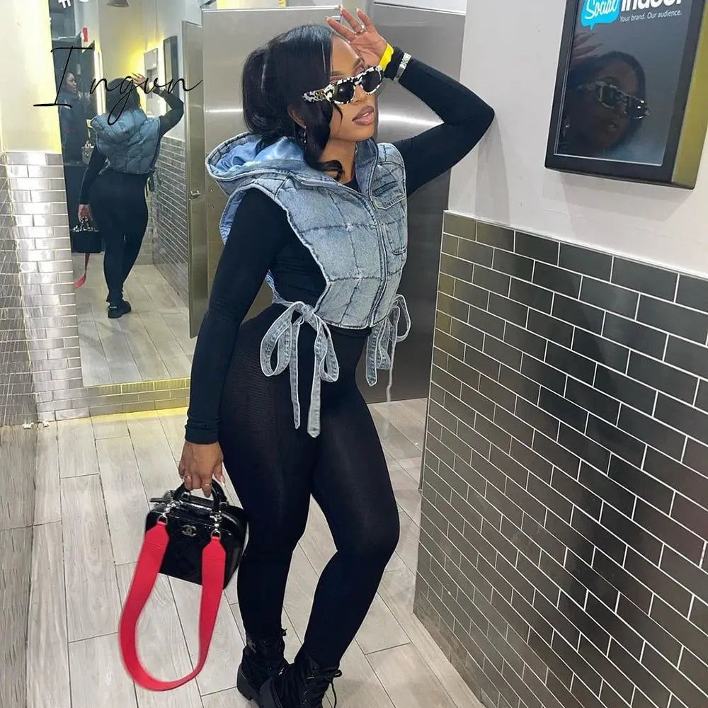 Ingvn - Winter Sleeveless Side Lace Up Vest Jacket Zipper Denim Hoodies Streetwear Women Clothing Fashion Outwear Crop Top