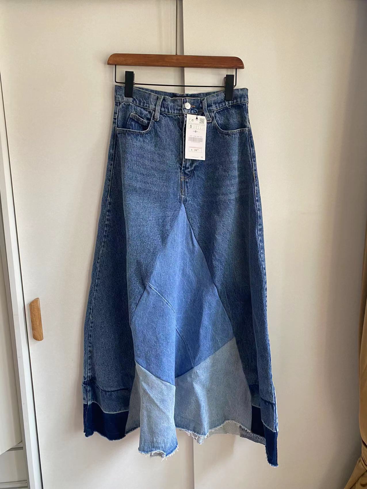 Voguable  denim skirt  spring new women's clothing Versatile fashion high waist contrast color patchwork casual denim skirt series