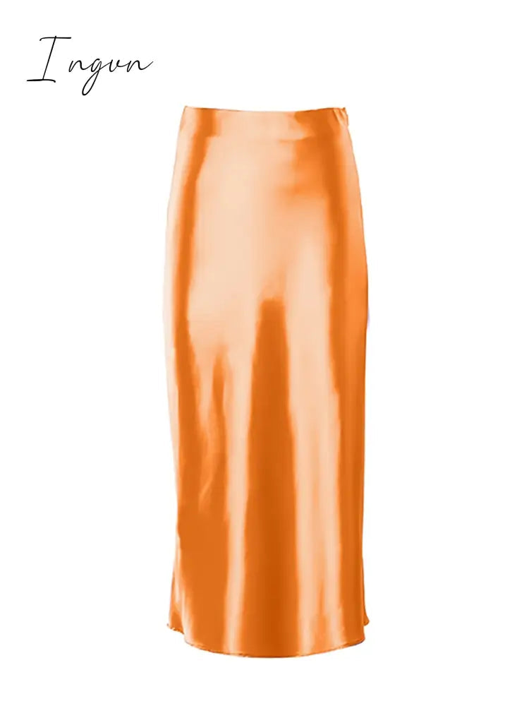 Ingvn - Solid Purple Satin Silk Skirt Women High Waisted Summer Long Skirt New Elegant Ladies Office Skirts Midi Spring