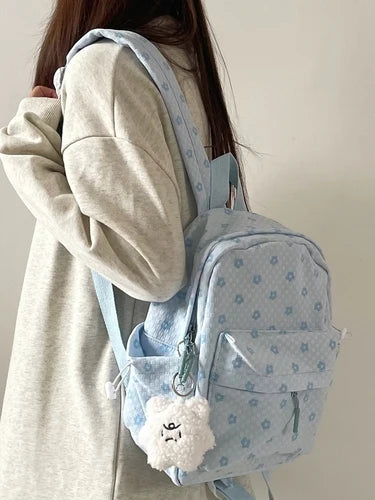 INGVN  Mini Japanese Sweet Floral Print Backpack Casual Y2k Aesthetic Preppy Schoolbags Women Kawaii All Match Backpacks for Students
