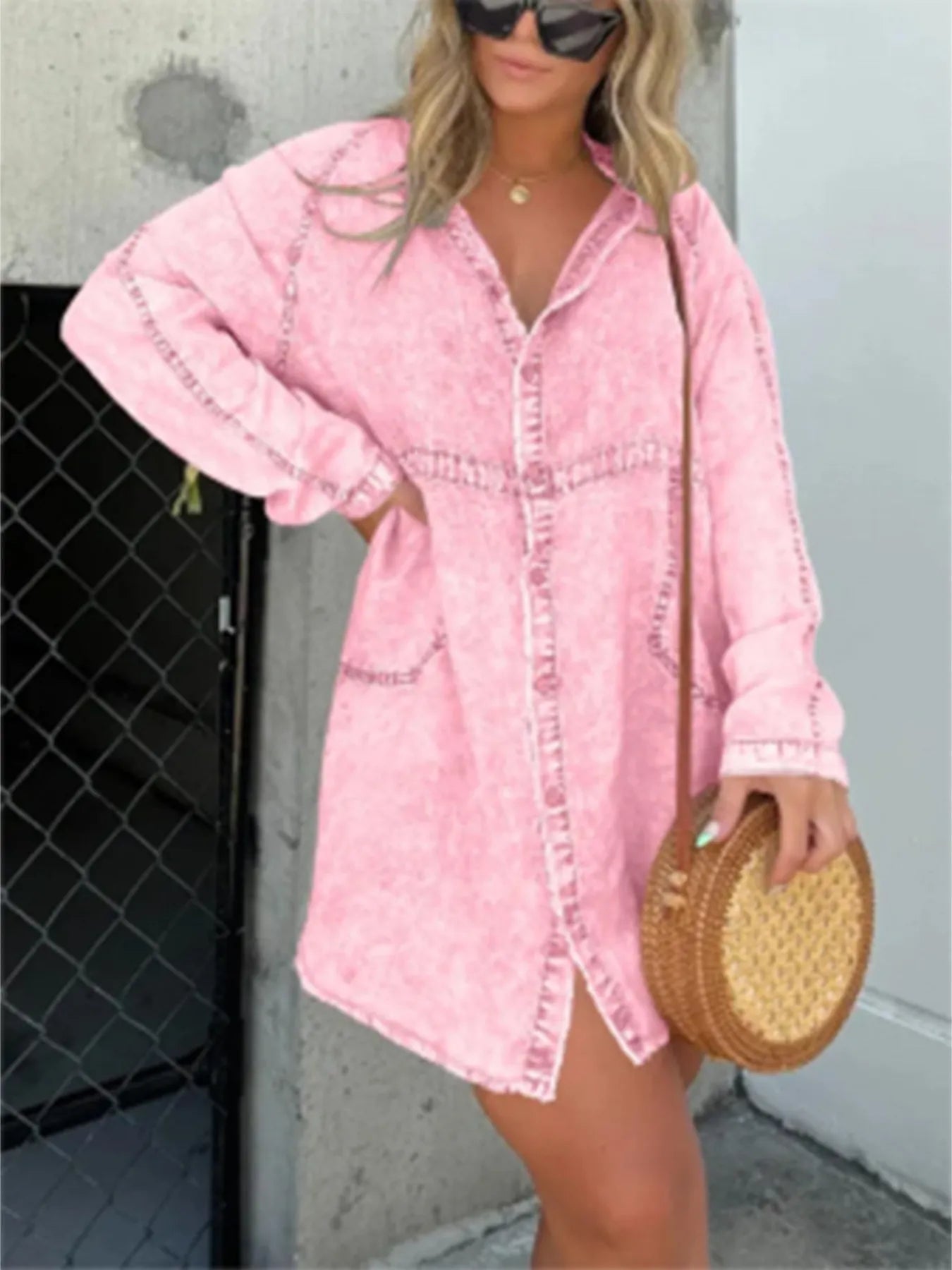 Full Size Button-Front Long Sleeve Denim Shirt Dress Plus Size