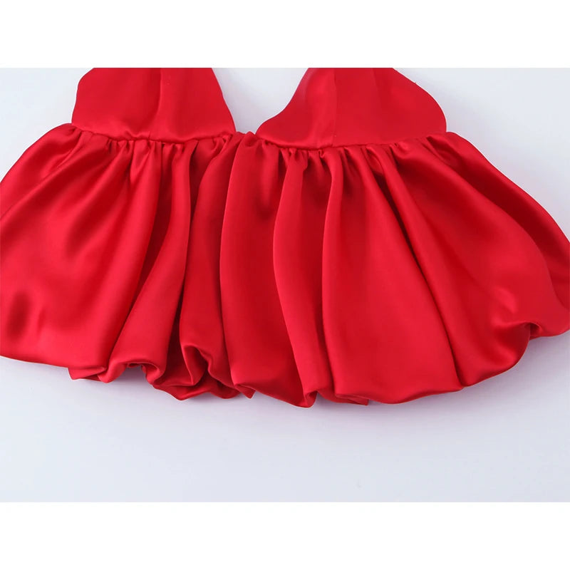 Women Puffy Hem Red Satin Camis Sexy Spaghetti Straps  V Neck Summer Tops Chic Party Streetwear Crop Top
