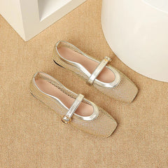 Fashion Square Toe Mesh Ballet Flats Buckle Strap Mary Janes Breathable Hollow Out Single Shoes Female Flat Bottom Casual Shoes