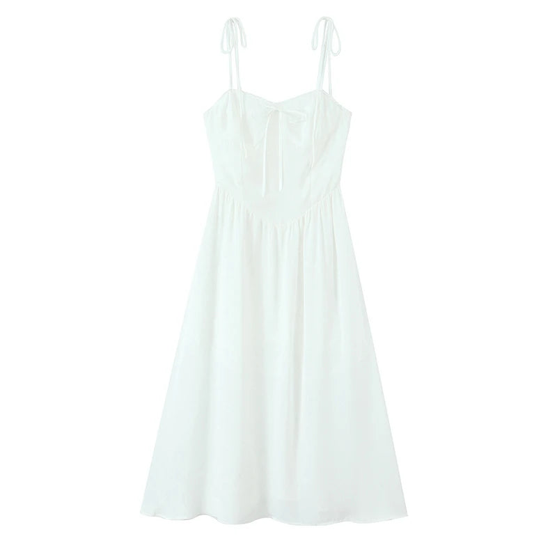 French Retro Floral Print Bow Sexy Spaghetti Straps Dress Women Elegant A-line Midi Casual Summer Dresses Holiday Robe