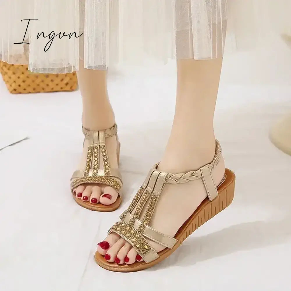 Women Wedge Sandals Summer Bohemia Rhinestones Casual Platform Sandals Female Peep Toe Outdoor Beach Shoes
