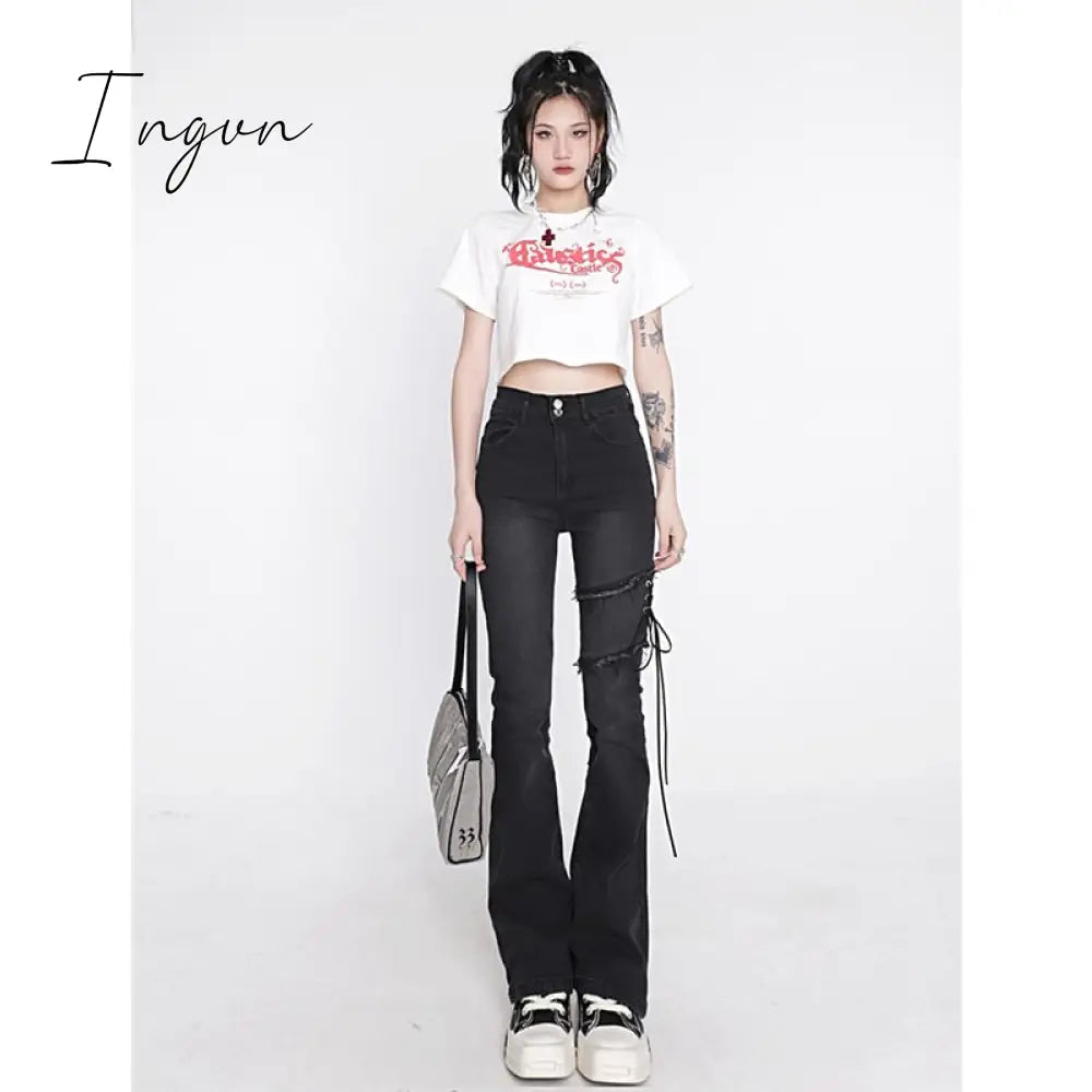 Ingvn - Women's Clothing Flare Jeans Black Lacing High Waist Stretchy Self Cultivation Vintage Casual Baggy Ladies Denim Trouser Summer