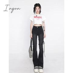 Ingvn - Women's Clothing Flare Jeans Black Lacing High Waist Stretchy Self Cultivation Vintage Casual Baggy Ladies Denim Trouser Summer