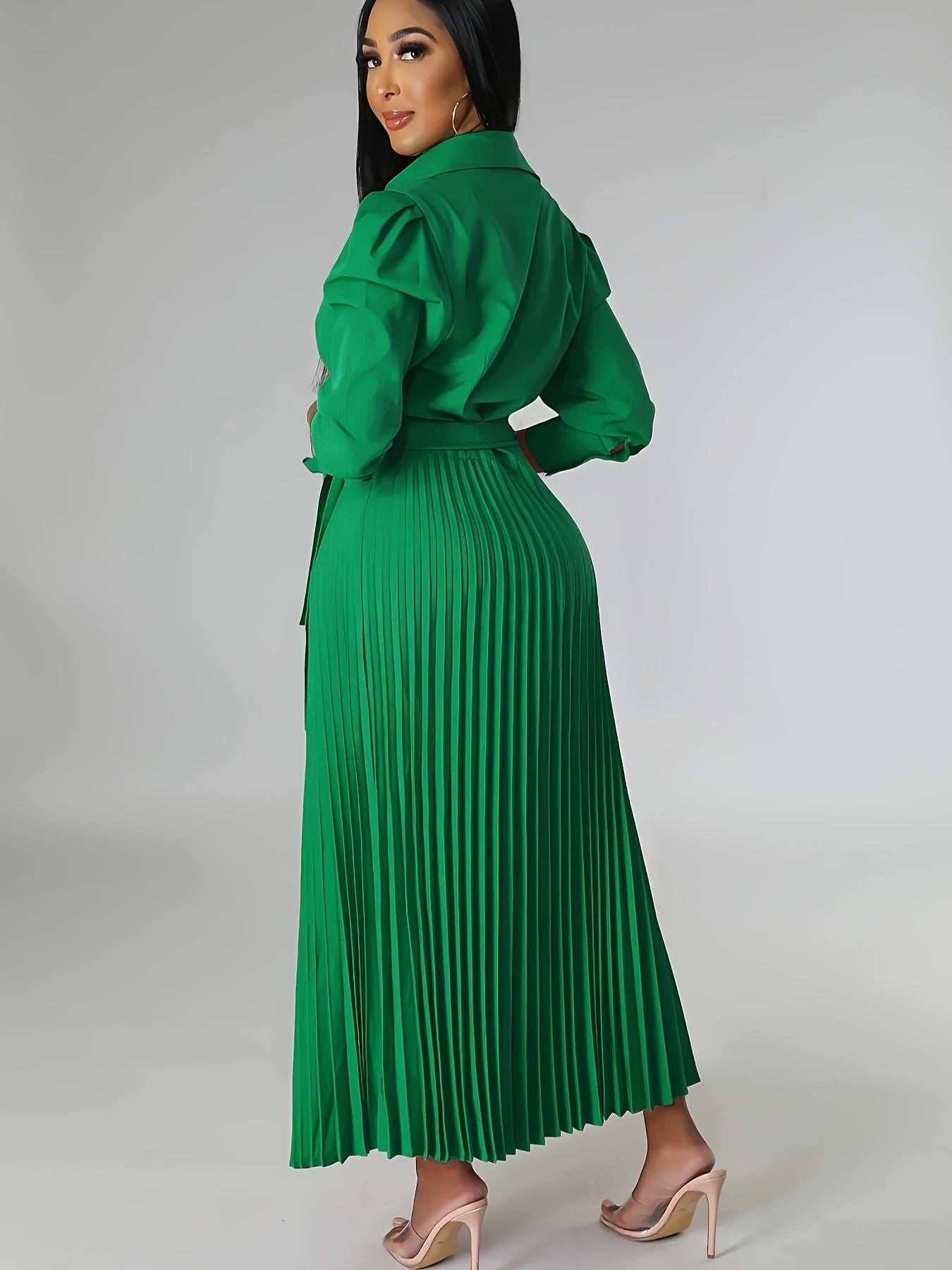 Solid Pleated Dress, Elegant Knotted V Neck 3/4 Sleeve Dress, Women's Clothing