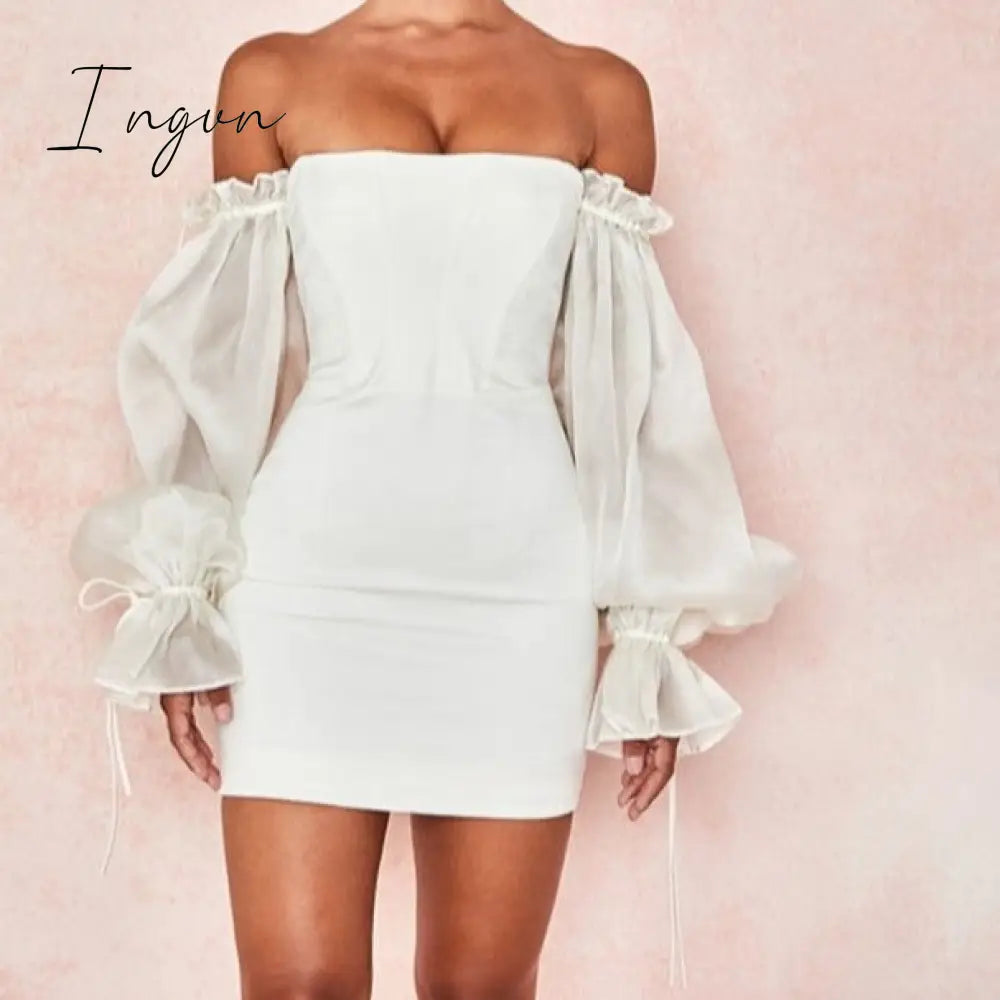 Ingvn - White Off Shoulder Sexy Woman Dress Long Puff Sleeve Mini Night Party Dresses Summer Backless Bodycon Dress Vestidos