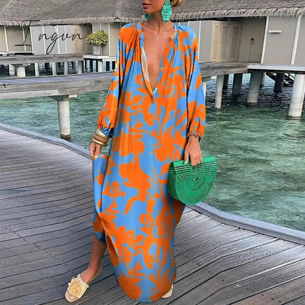 Ingvn - Autumn New Women's Loose Long Sleeves Dress Casual Printed Long Sleeves Streetwear Ladies Fashion V Neck Elegant Commute Dresses