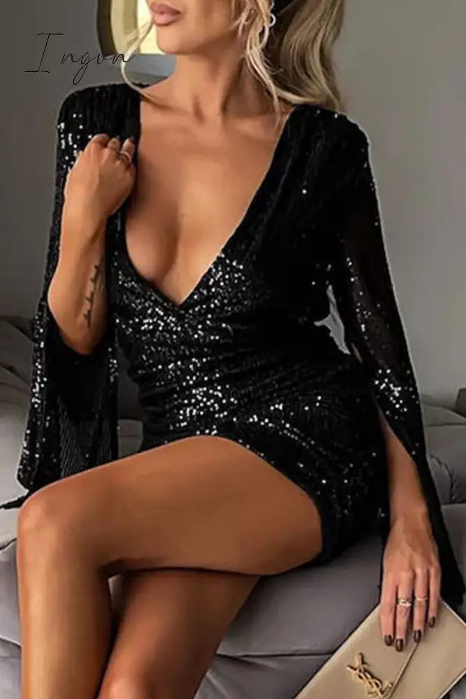 Ingvn - Sexy Solid Backless Slit V Neck Wrapped Skirt Dresses