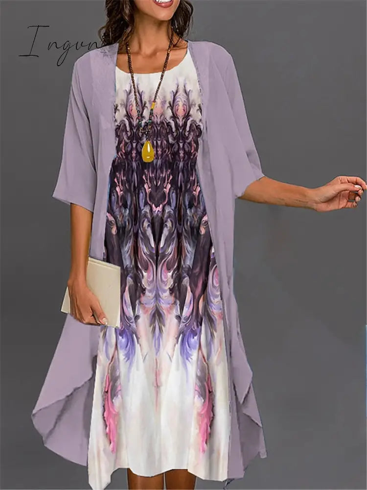 Ingvn - Women's Two Piece Dress Set Casual Dress Print Dress Outdoor Daily Fashion Elegant Print Midi Dress Crew Neck 3/4 Length Sleeve Floral Ombre Loose Fit Pink Dark Pink Blue Summer Spring S M L XL XXL