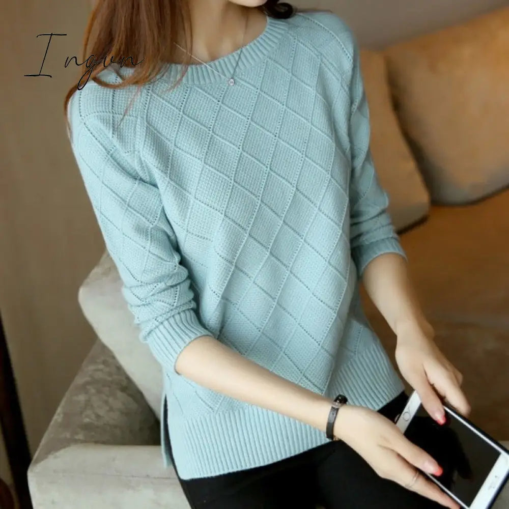 Ingvn - Sweater Women Fall Winter Knitted Sweater Cropped Sweater Korean Fashion 2023 Pullover Sweaters Plaid Clothes Solid Loose Tops