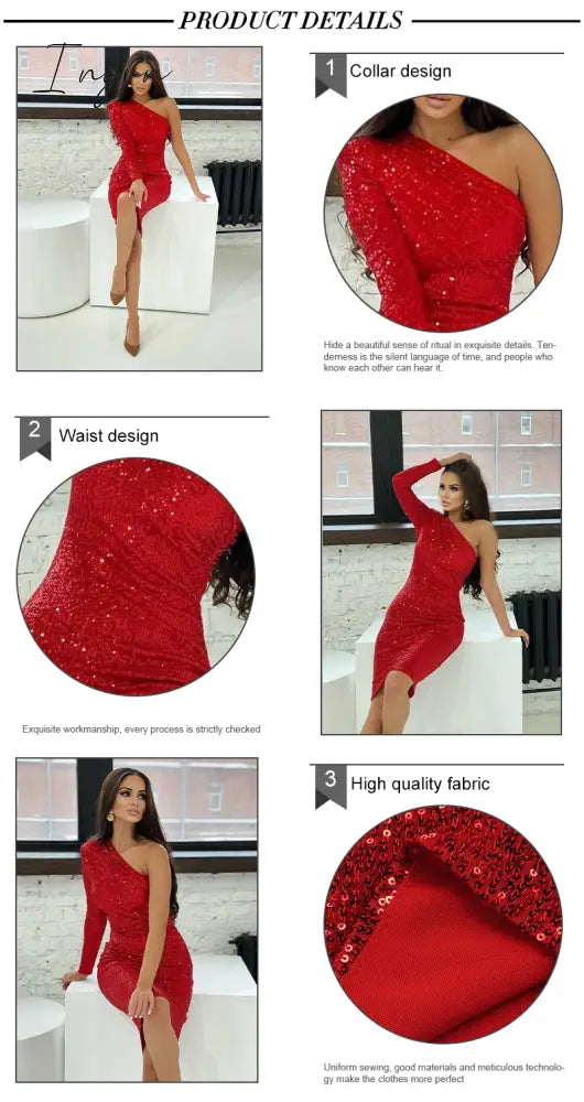 Ingvn - Sexy One Shoulder Dress Sparkle Glitzy Sequins Dress Mesh Patchwork Celebrity Christmas Party Vestidos