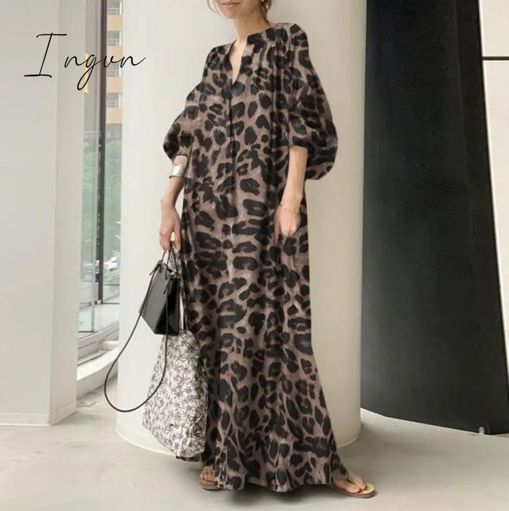 Ingvn - Fashion Printed Maxi Dress Women's Leopard Sundress Spring Puff Sleeve Long Vestidos Female V Neck Robe Oversize