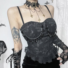 Gothic Retro Jacquard Bead Pendant Vest Women's Grunge Sexy Backless Tank Tops E Girl Crop Tops Party Clubwear