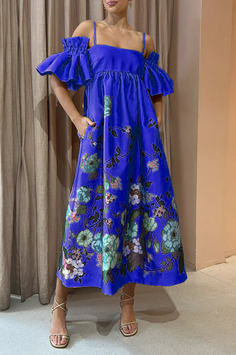 Casual Floral Pocket Off the Shoulder A Line Dresses(5 Colors)
