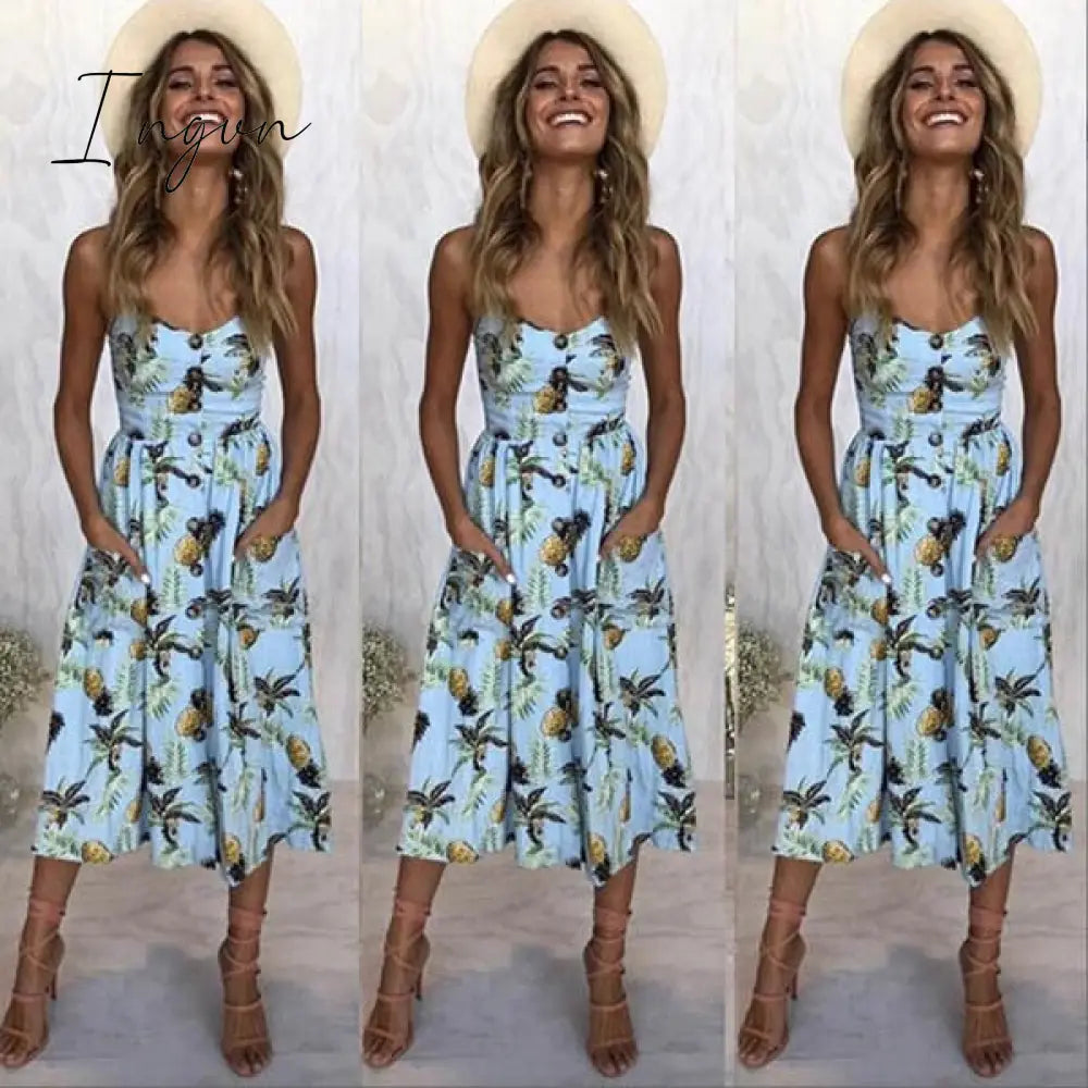 Ingvn - Boho Sexy Floral Dress Summer Vintage Casual Sundress Female Beach Dress Midi Button Backless Polka Dot Striped Women Dress
