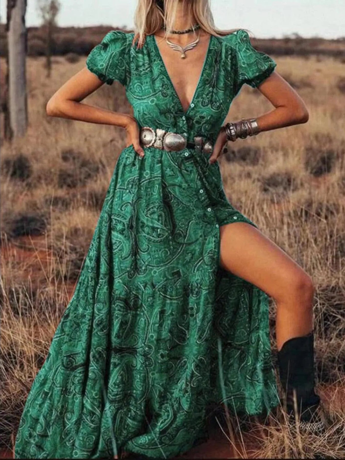 Full Size Printed Puff Sleeve Maxi Dress Plus Size
