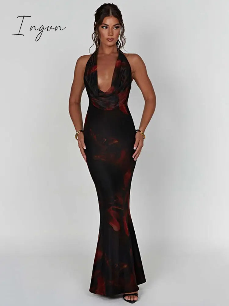 Ingvn - Halter Deep V Neck Backless Maxi Dress For Women Robe New Sleeveless Bodycon Club Party Sexy Print Long Dress Vestidos