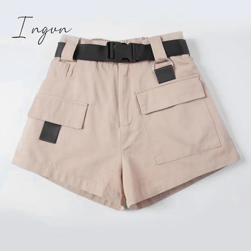 Ingvn - High Waist Cargo Shorts With Pocket Buckle Belt