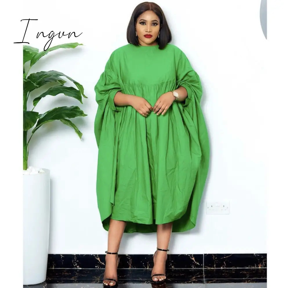 Ingvn - Women Loose Dresses O Neck Pleated Casual Fashion Large Size Ladies Female African Fashion Spring Summer New Baggy Robes