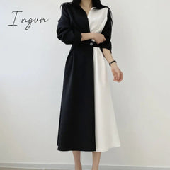 Ingvn - Spring Autumn Retro Temperament Contrast Color Lapel Long-Sleeved Shirt Female Midi Dress Korean Elegant Fashion Slim Chic Dress