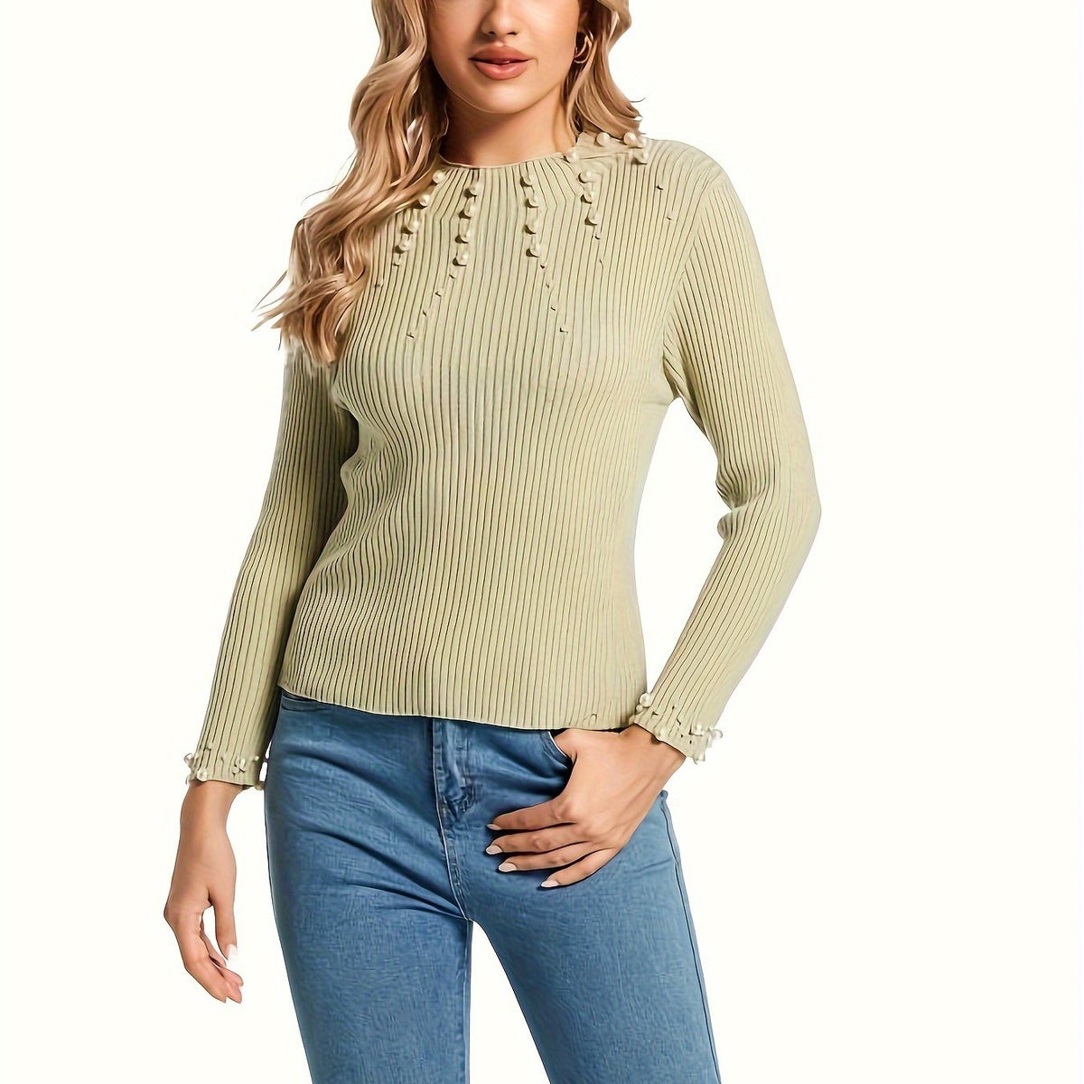 Stylish Beaded Mock Neck Sweater - Pullovers for Women - Long Sleeve, Casual, Fall and Winter Essential, Soft and Cozy Clothing with Decorative Accents