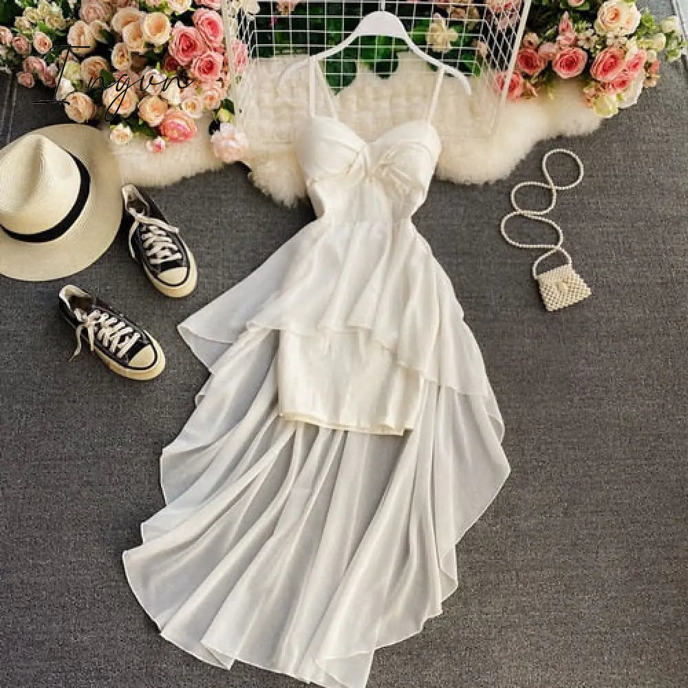 Ingvn - Women Dress Spring Summer French Elegant Sexy Gentle Temperament Female Irregular Tube Top Sling Big Swing Vestido