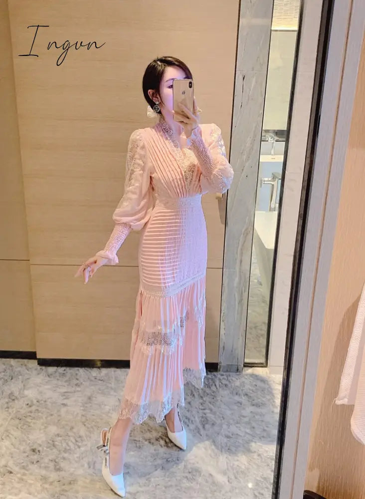 Ingvn - High Quality Self Portrait Dress Women Sexy V-neck Lantern Sleeve Long Sleeved Cake Long Dresses Chic Lace Summer Dress