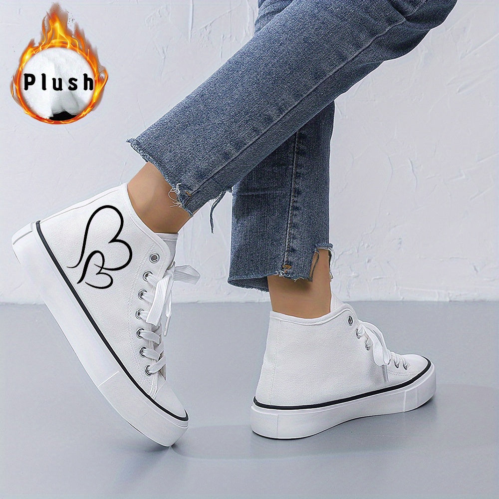 Ladies' Black and White Canvas Sneakers with Heart Design - Lightweight, Cartoon Print, All-Season, Random Print, Fabric Upper, Inner Liner, and Rubber Sole