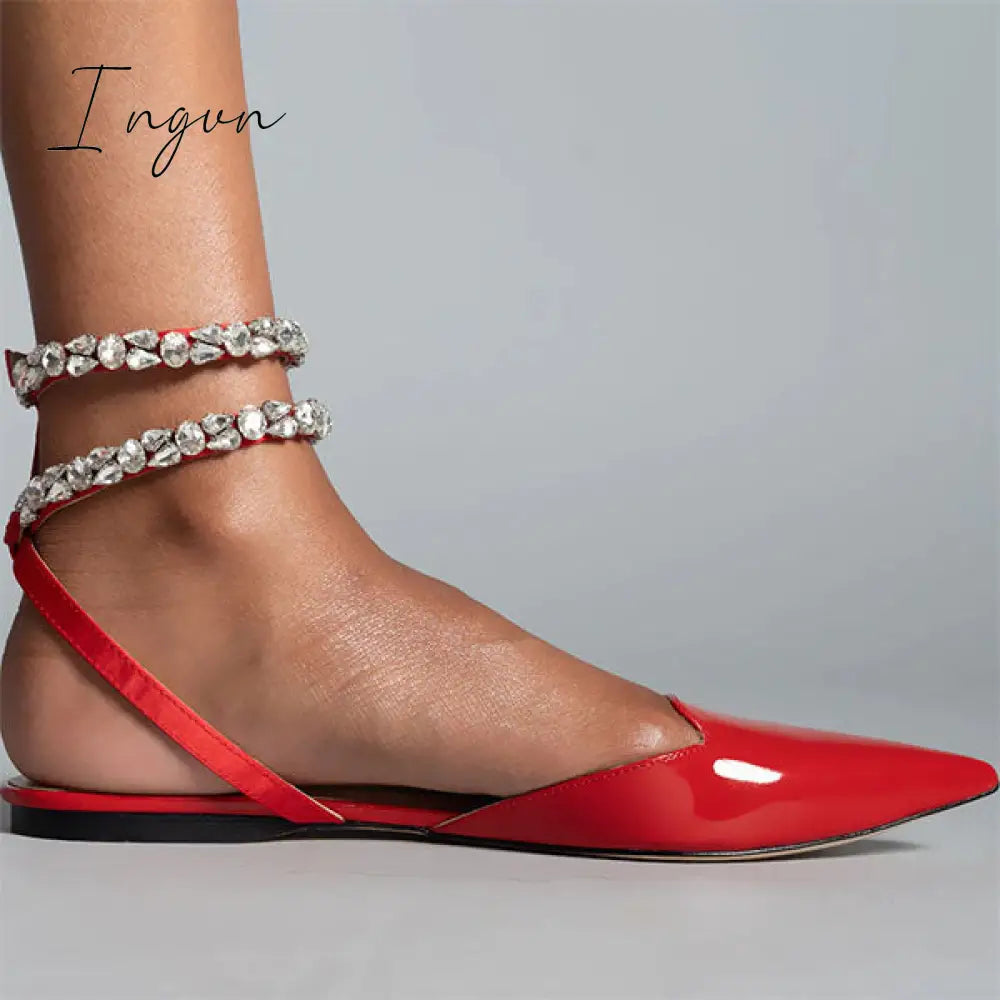 Ingvn - Patent Leather Pointed Toe Adjustable Ankle Strap Flats