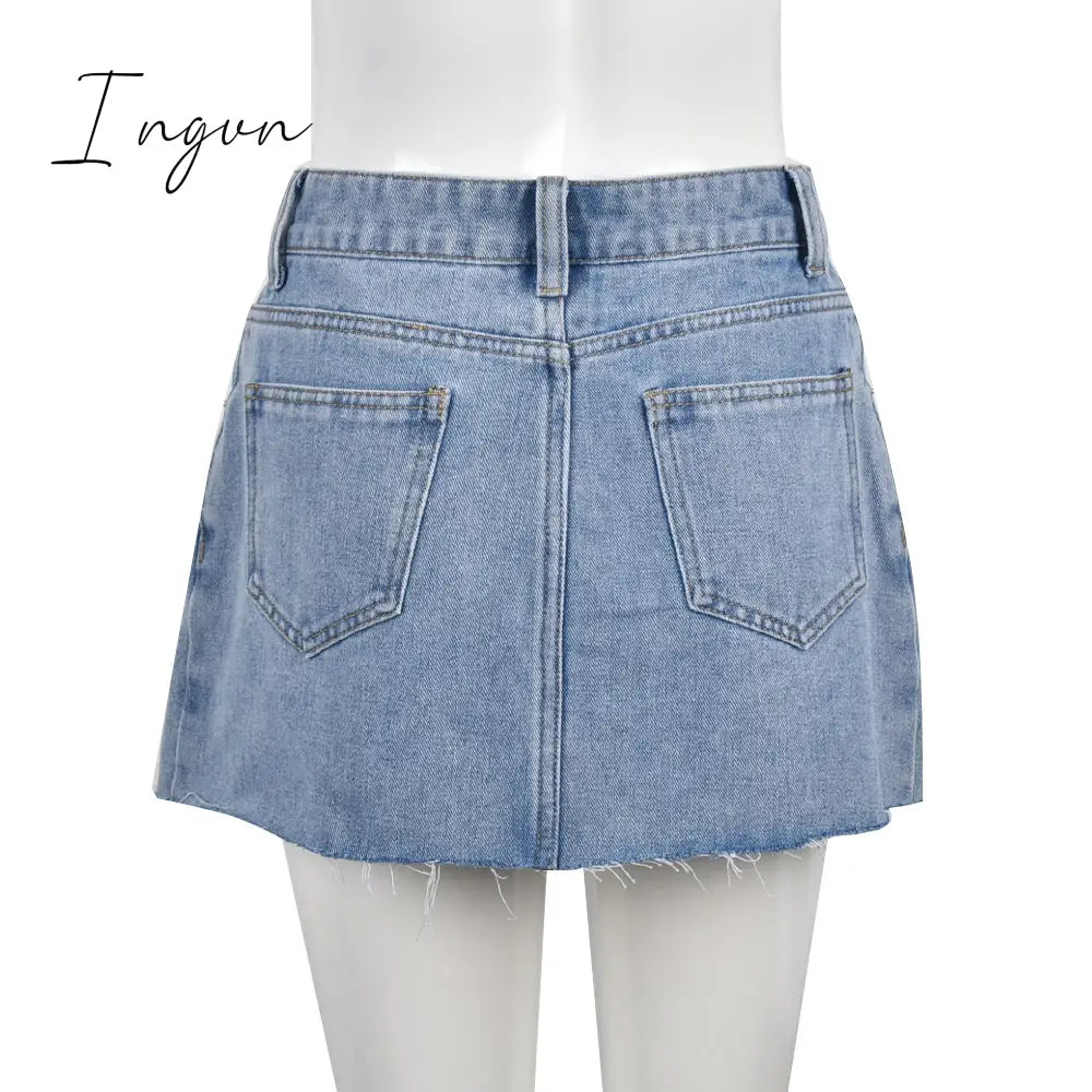 Ingvn - Womens Fashion Denim Skirt Pattern Emboridery Tassel Pocket Zipper Straight Hot Women Bottoms Holiday Vocation Casual Wear Y2k Clothes
