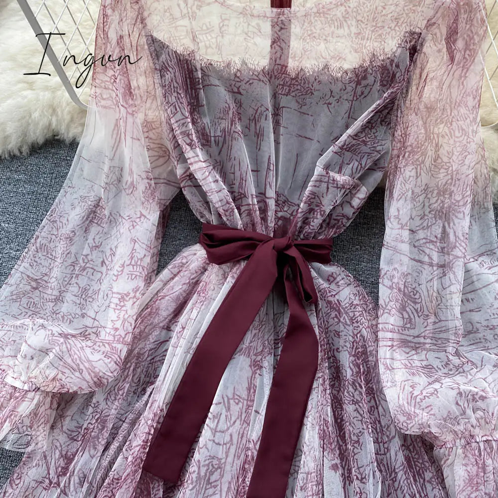Ingvn - Elegant Women Mesh Dress Vintage Lantern Sleeves Printed Party Dresses Spring Summer Patchwork A Line Bandage Beach Dress
