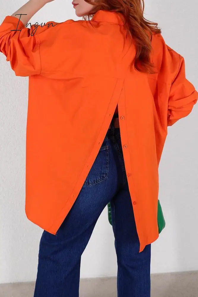 Ingvn - Street Solid Buttons Slit Turndown Collar Tops