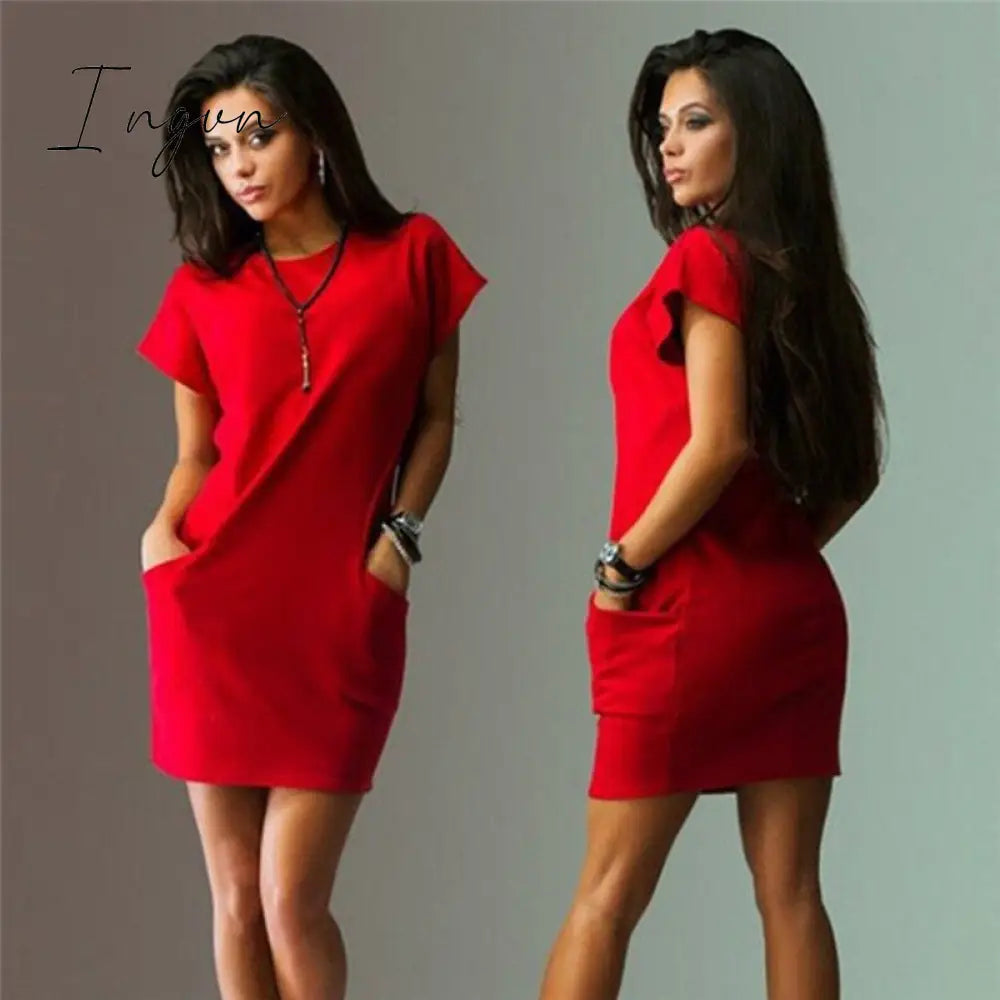 Ingvn - Women Female Short Sleeve Loose Mini Short A-line Dresses Summer Beach Casual Dress Candy Color S-XXL