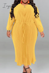 Ingvn - Gold Casual Street Solid Patchwork Draw String Zipper Pleated O Neck Long Sleeve Plus Size Dresses